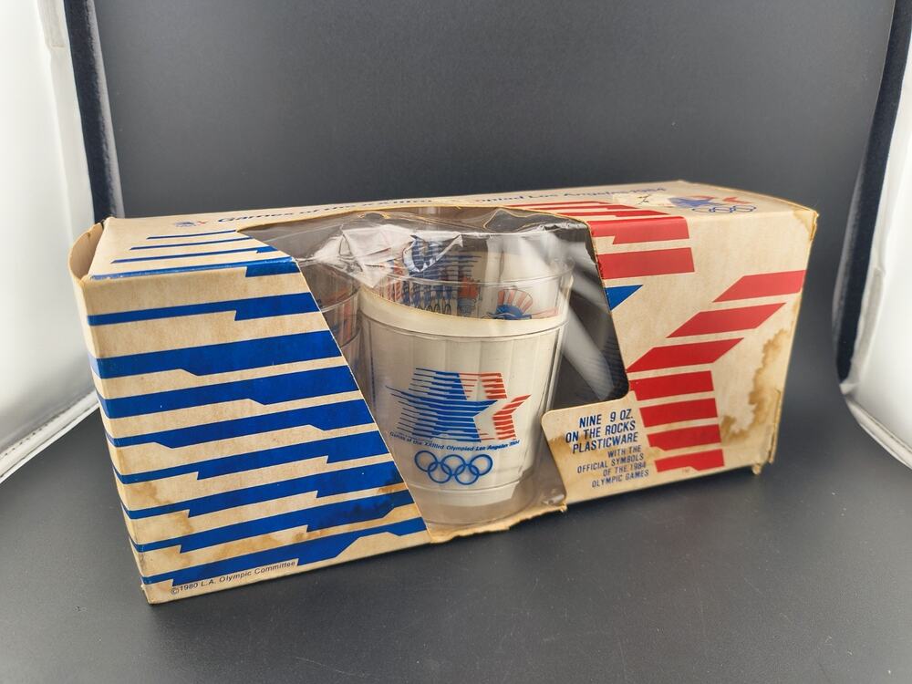 Vintage 1984 Los Angeles Olympic Games Tumblers Cups Set of 9 Box